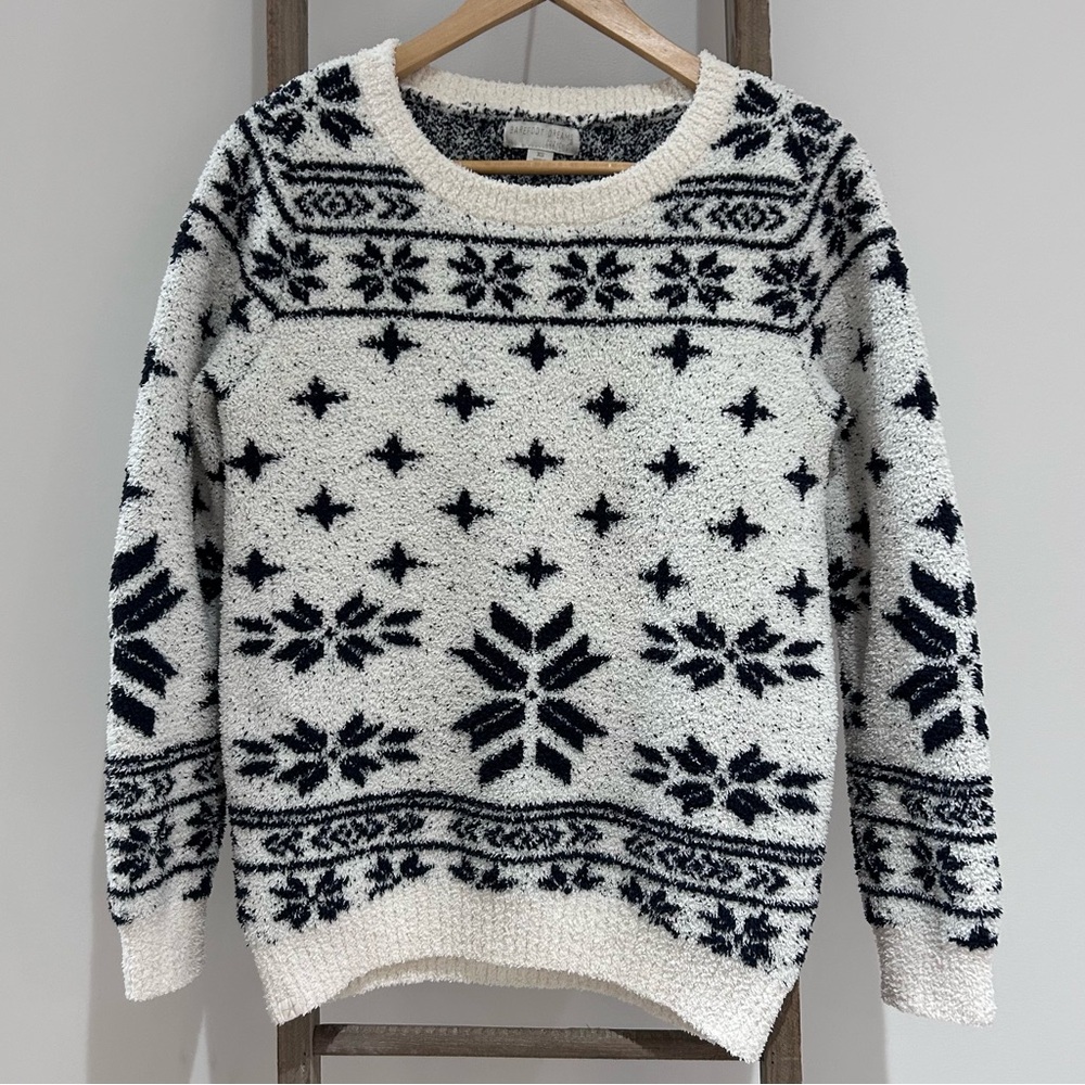 Barefoot Dreams Cozy Chic Pullover Black Cream Snowflake Sweater Women’s XS
